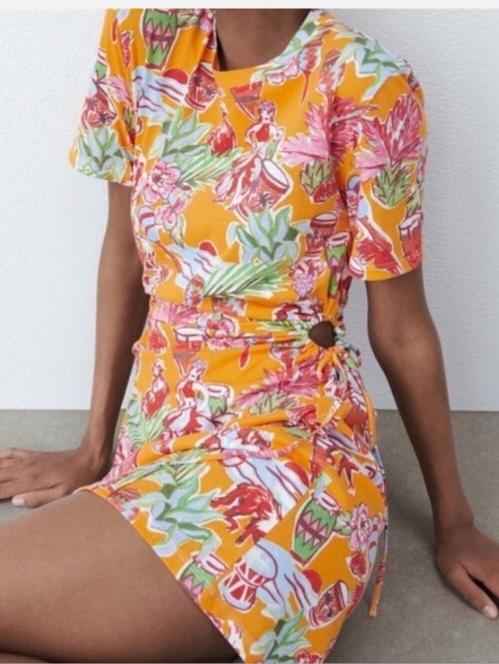 Zara Tropical Jungle Cutout Mini Dress Orange Cotton Vacation Resort M